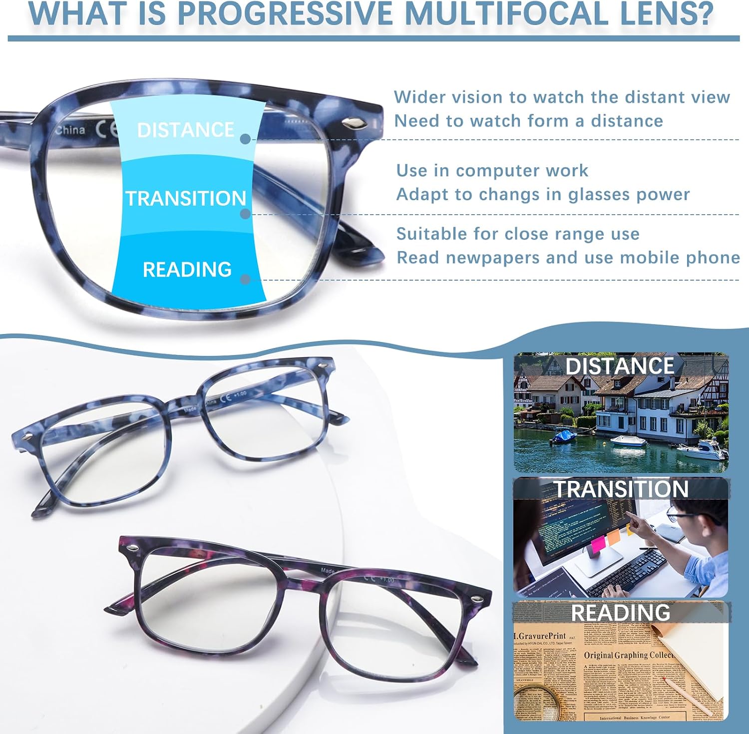 Progressive Multifocal Anti Blue Light Reading Glasses for Women and Men Fashion Eyeglasses Frame